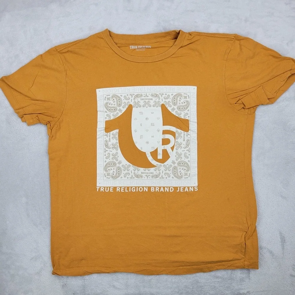 True Religion Shirt‎ Men Large Crewneck Biker Paisley Orange Brand Jeans Adult